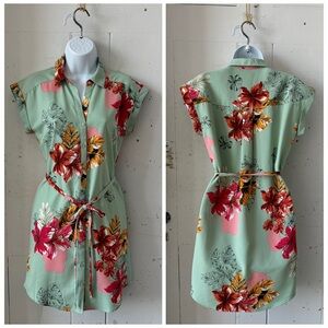 Express Floral Graphic Print Belted Shirt Dress